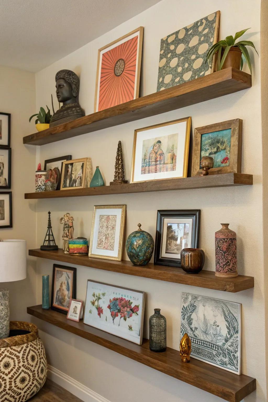 An eclectic gallery wall with staggered shelves.