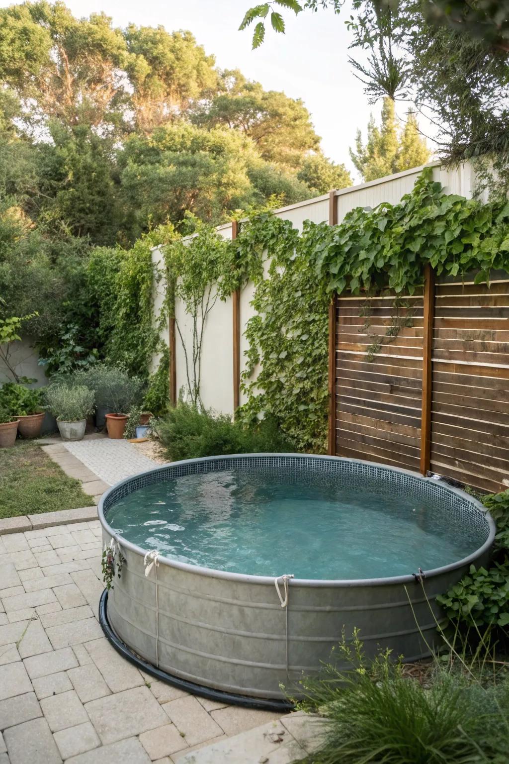 A privacy screen with greenery enhances the intimacy of a stock tank pool.