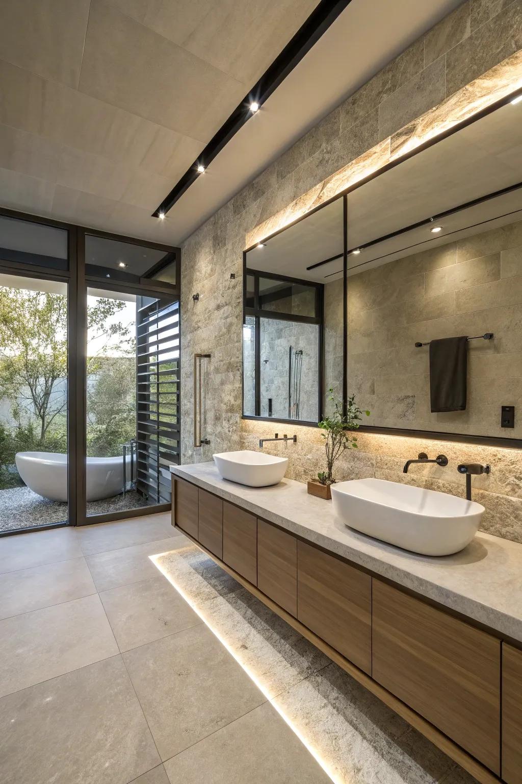 A modern stone bathroom featuring sleek fixtures and a contemporary design.