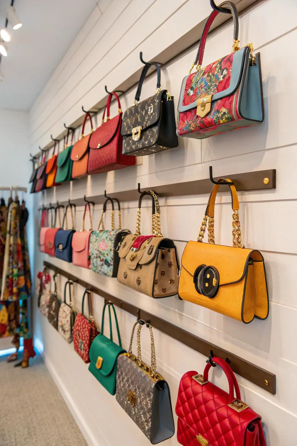 Wall-mounted shelves and hooks displaying purses.