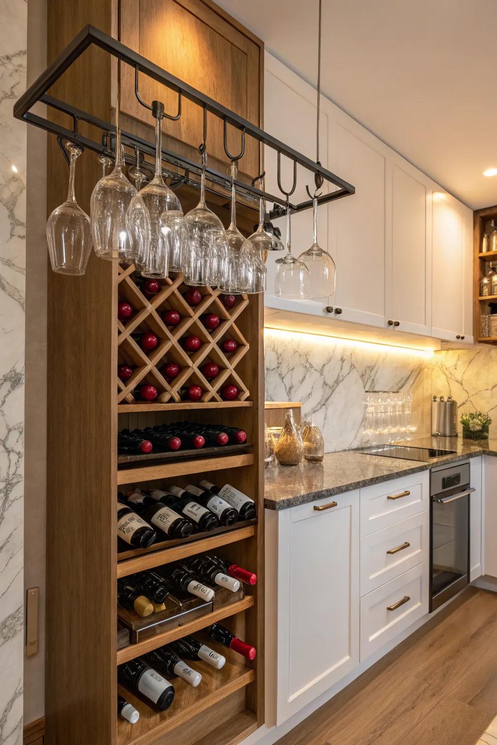 A mini bar setup that combines wine and glass storage.