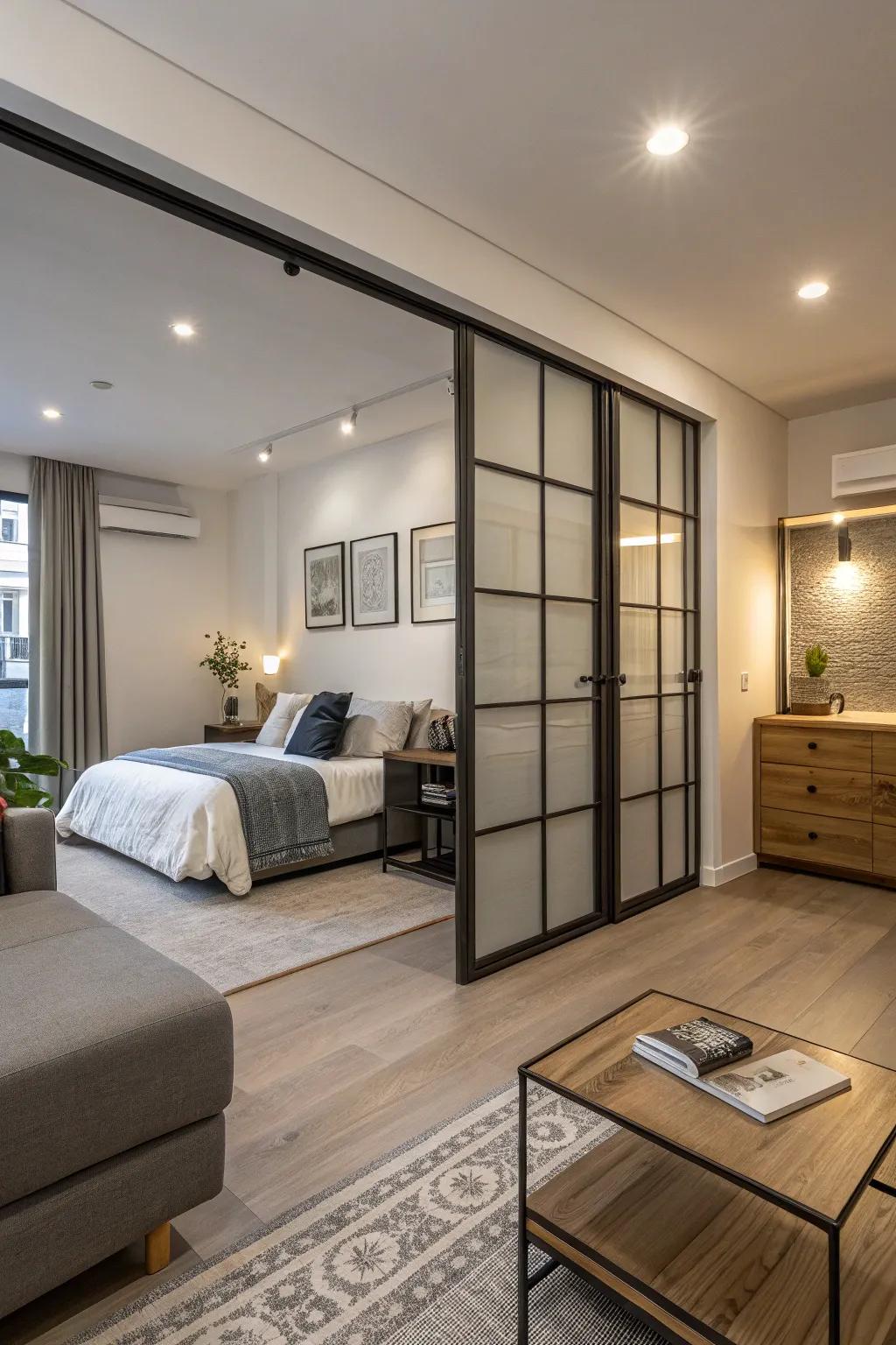 Sliding doors offer privacy and flexibility in a studio layout.