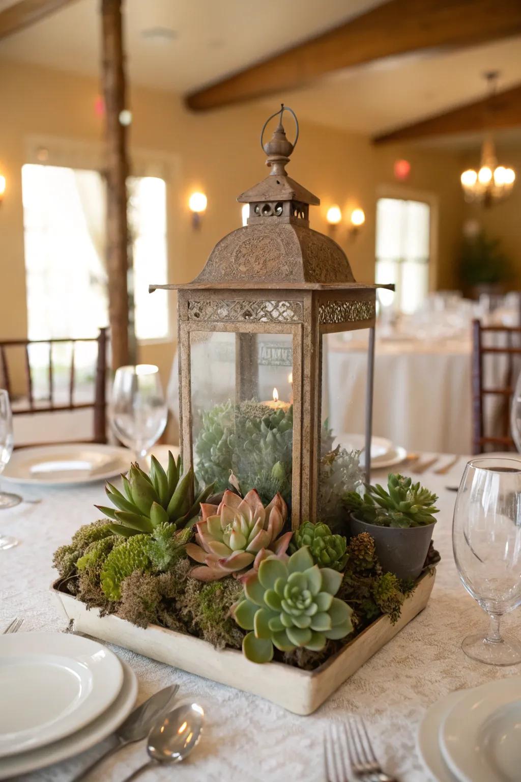 Vintage lanterns make enchanting succulent centerpieces.