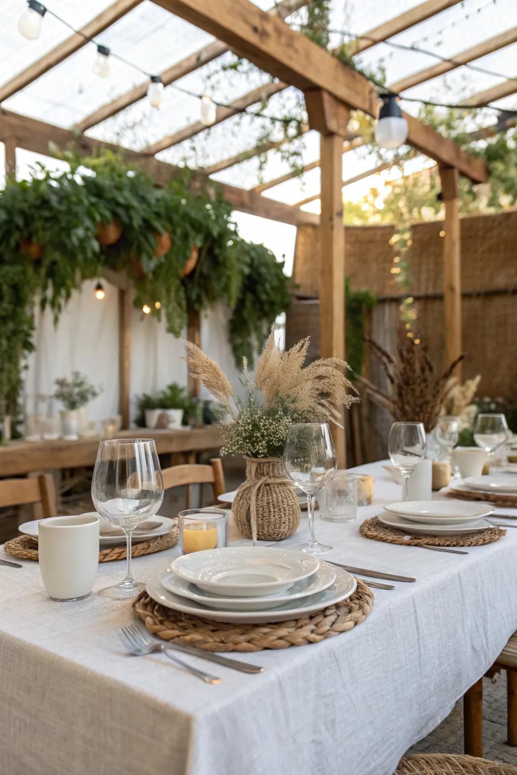 An elegantly set table in a sukkah with white tableware and rustic elements.