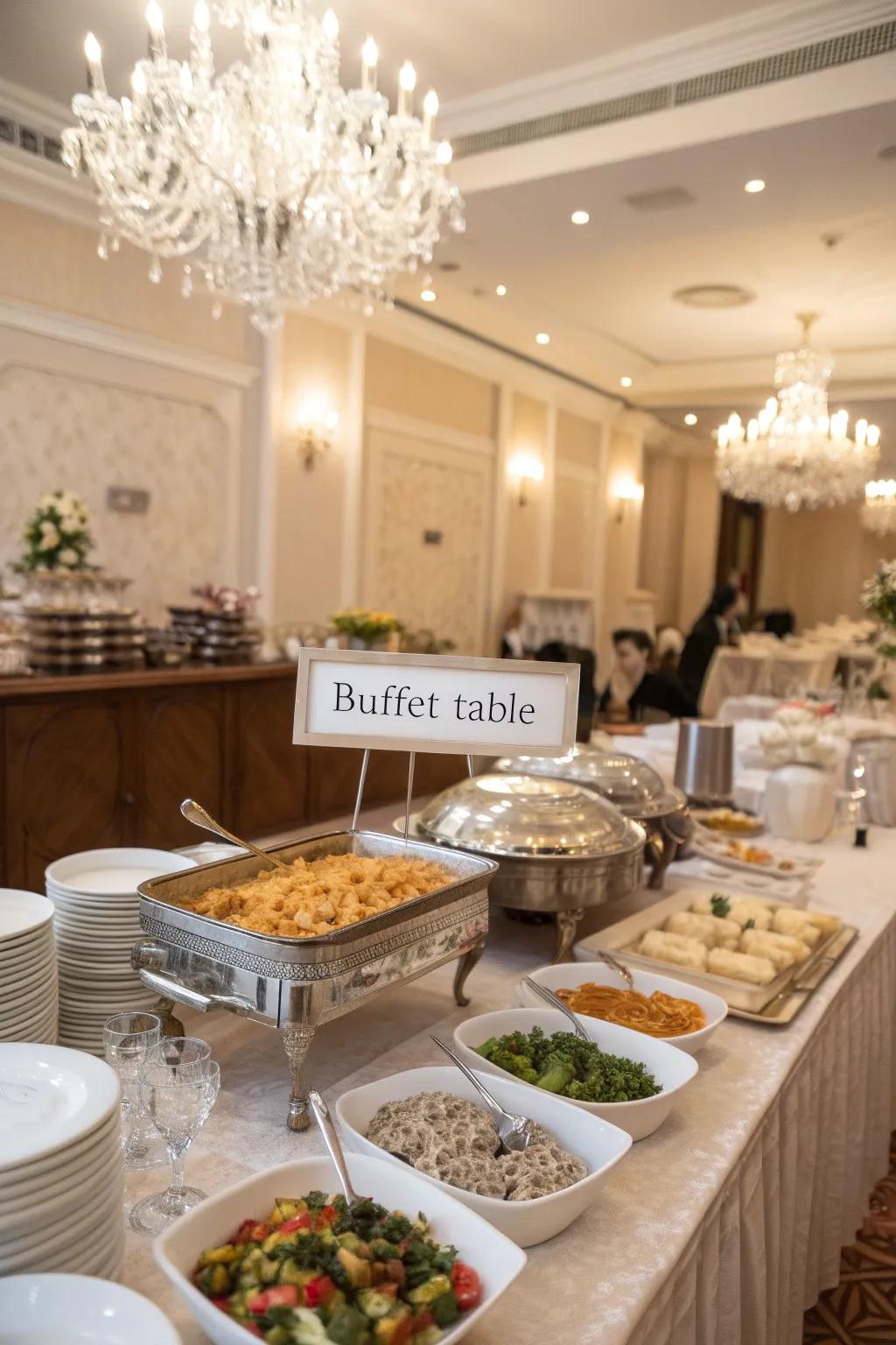 Stylish labeling enhances the buffet experience.