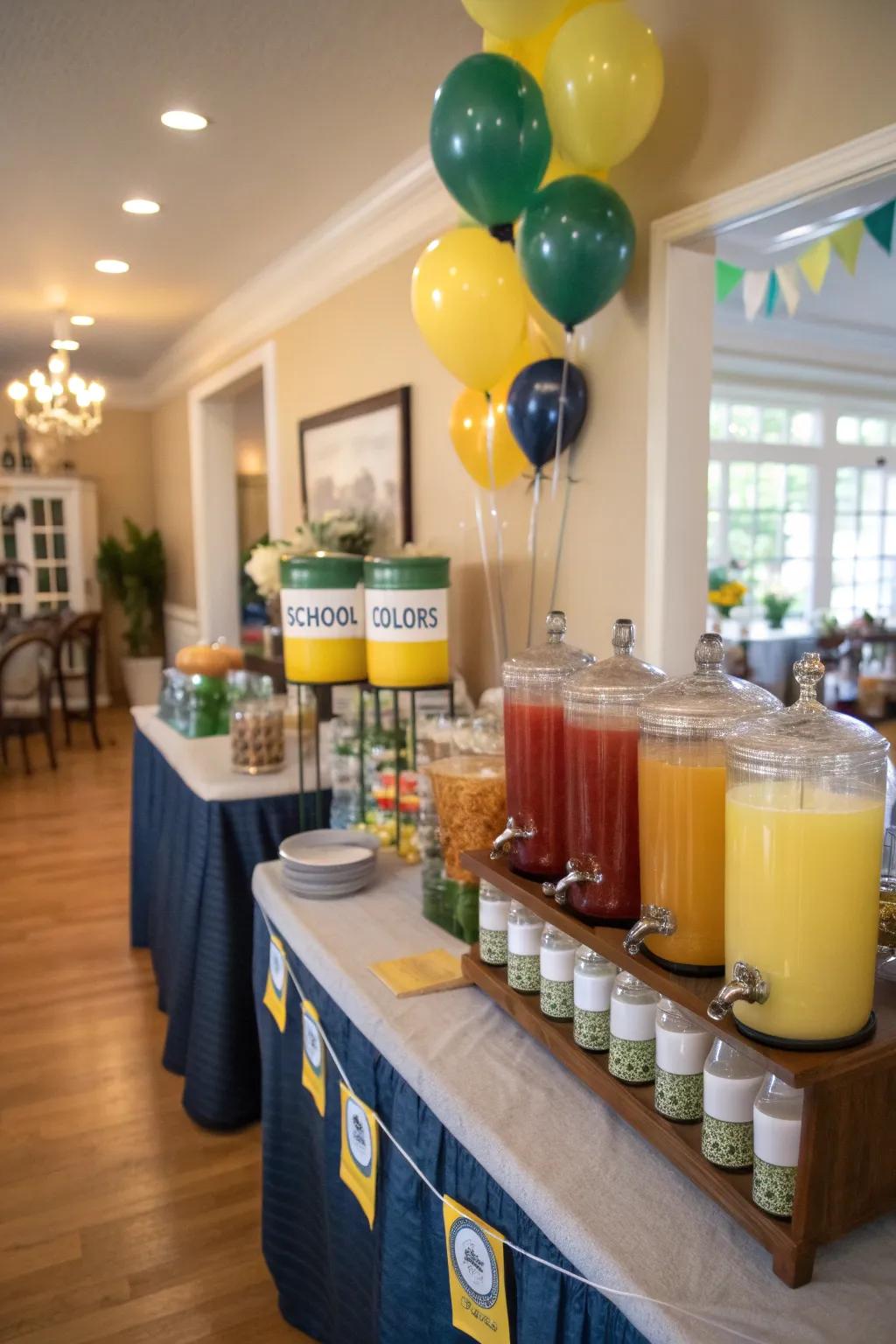 A themed beverage station with school colors keeps guests refreshed and entertained.