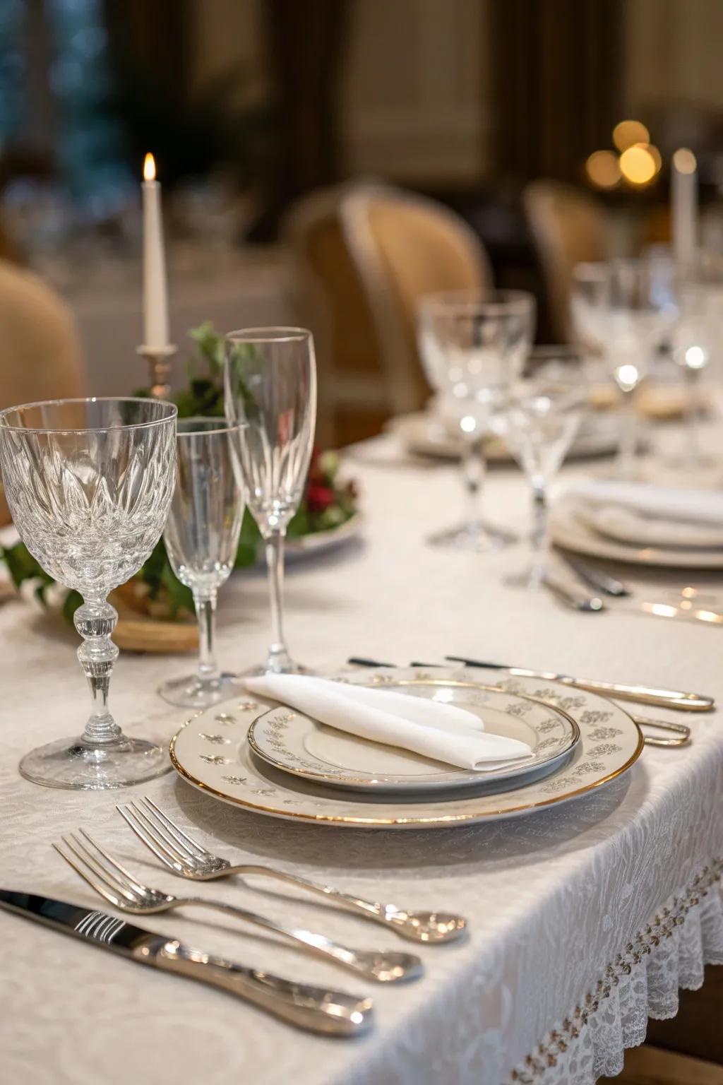 Elegant glassware and cutlery add luxury to the table setting.