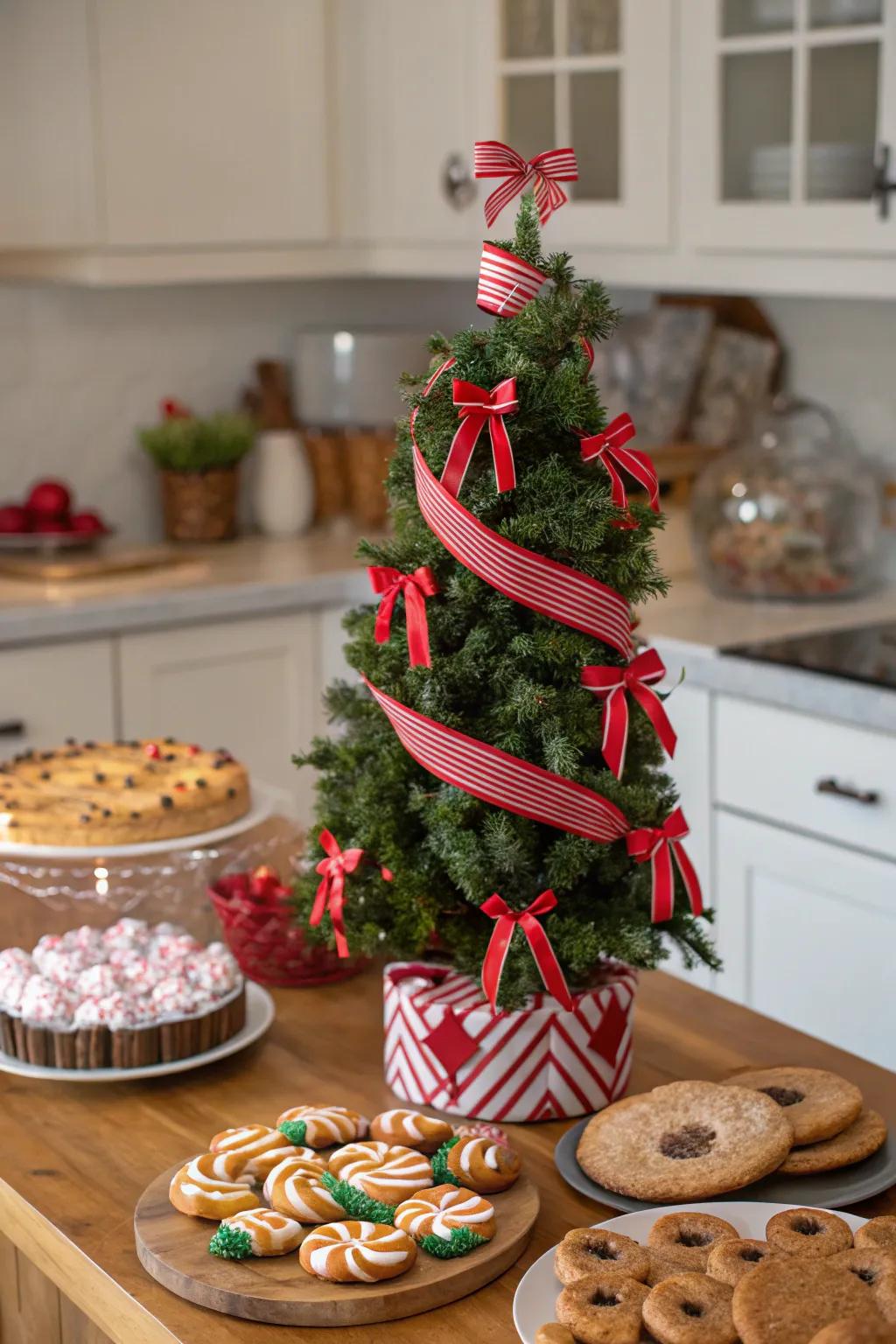 A playful candy cane themed tabletop Christmas tree.