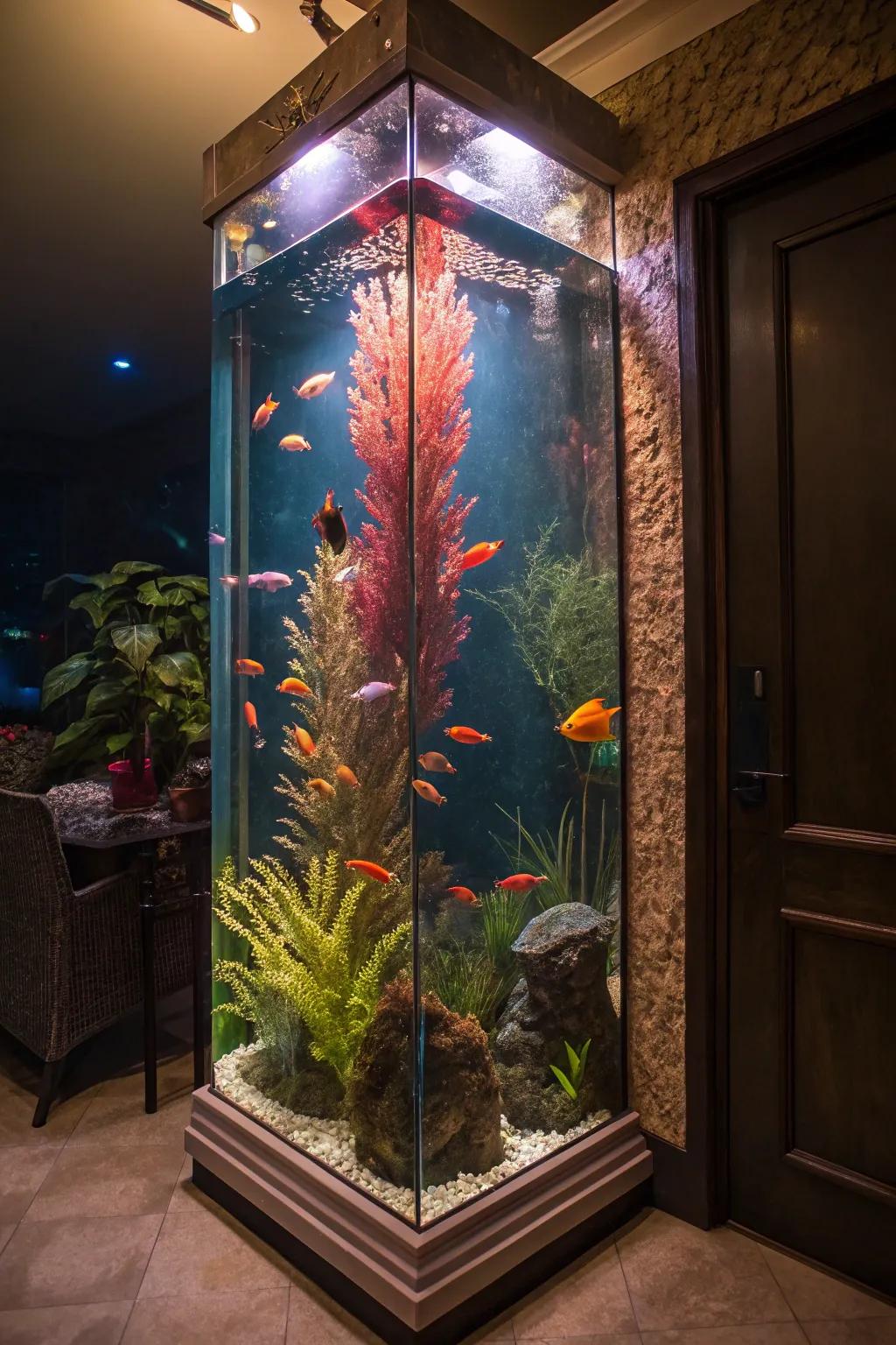 An illuminated tall fish tank showcasing vibrant aquatic life.