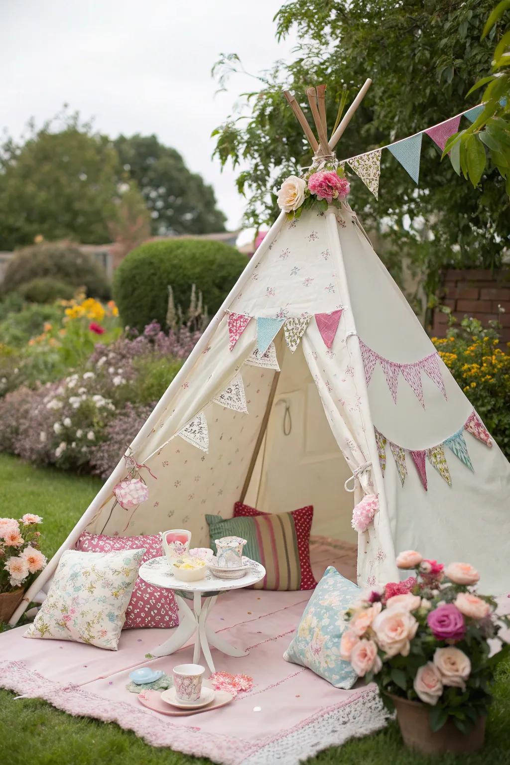 A charming teepee tent setup adds a whimsical touch to the tea party.