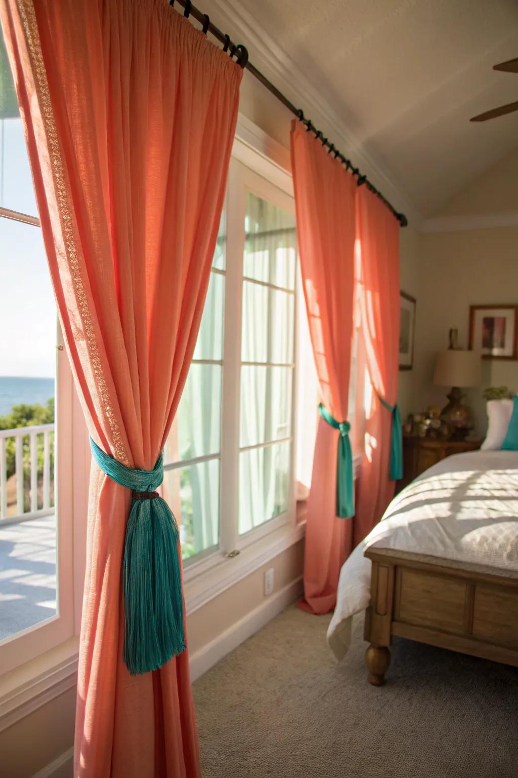 Coral curtains and teal tiebacks creating a colorful contrast.