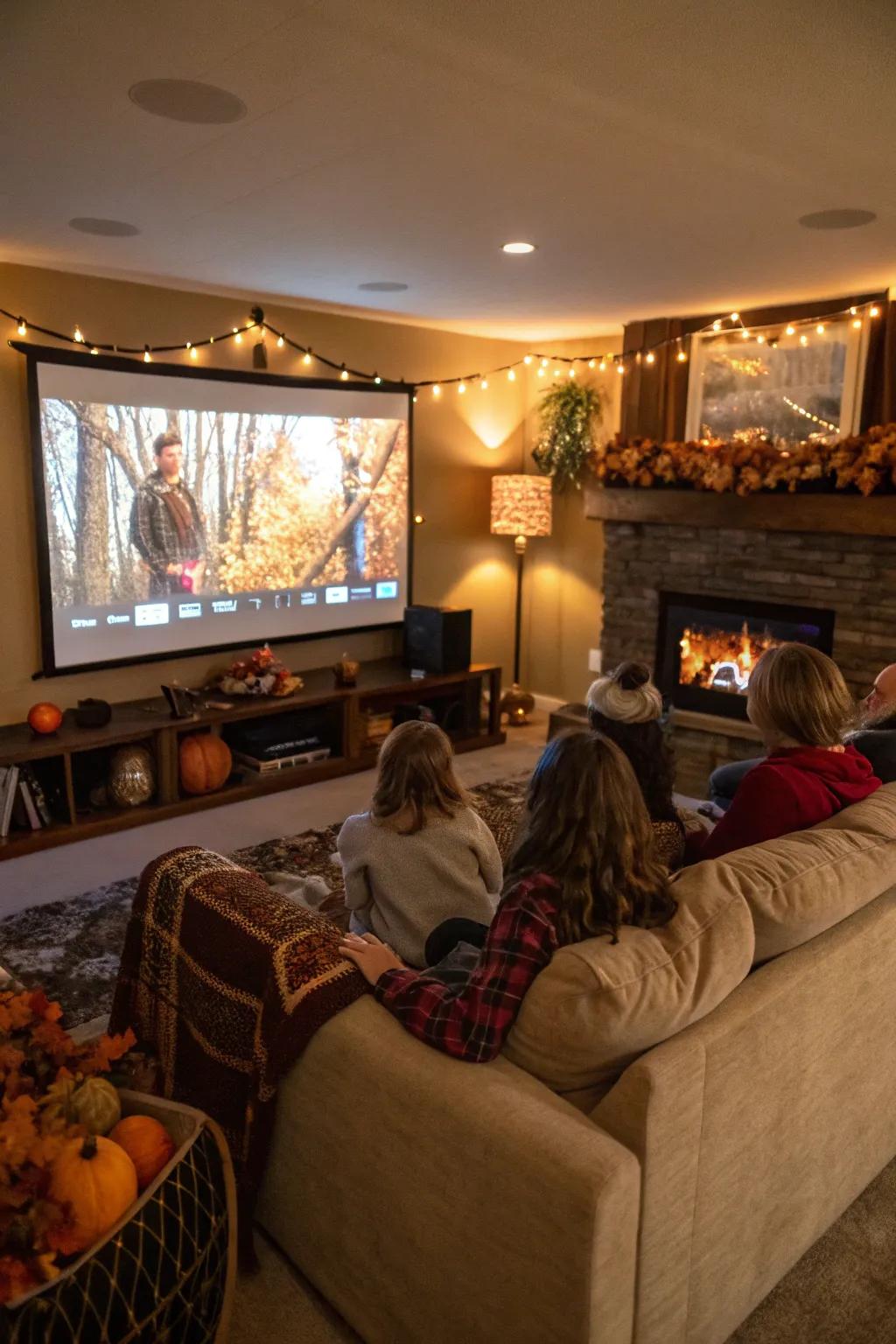 Family enjoying a Thanksgiving movie marathon in a cozy living room.