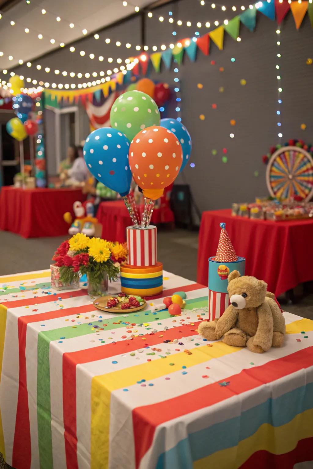 Themed tables enhance the carnival vibe.