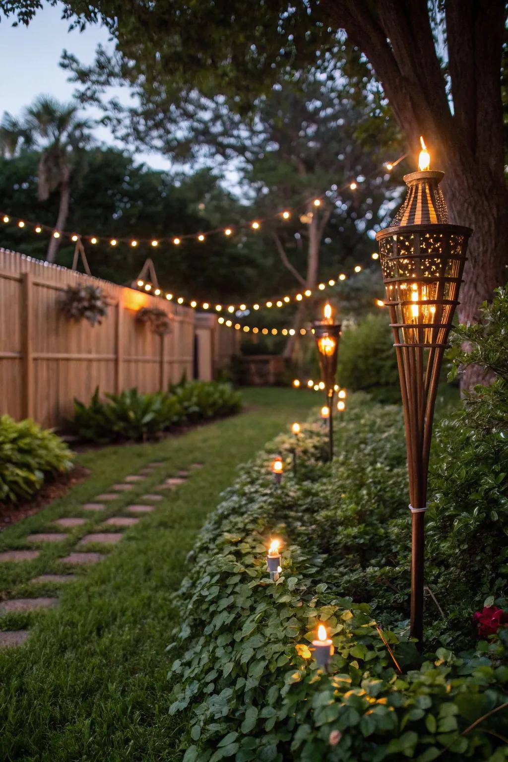 Create a romantic garden ambiance with tiki torches and lights.