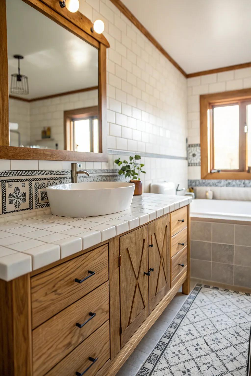 Wood accents bring warmth to tiled surfaces.