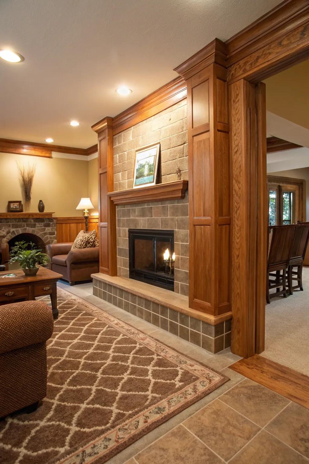 Wood trim adds a rustic charm to tile installations.