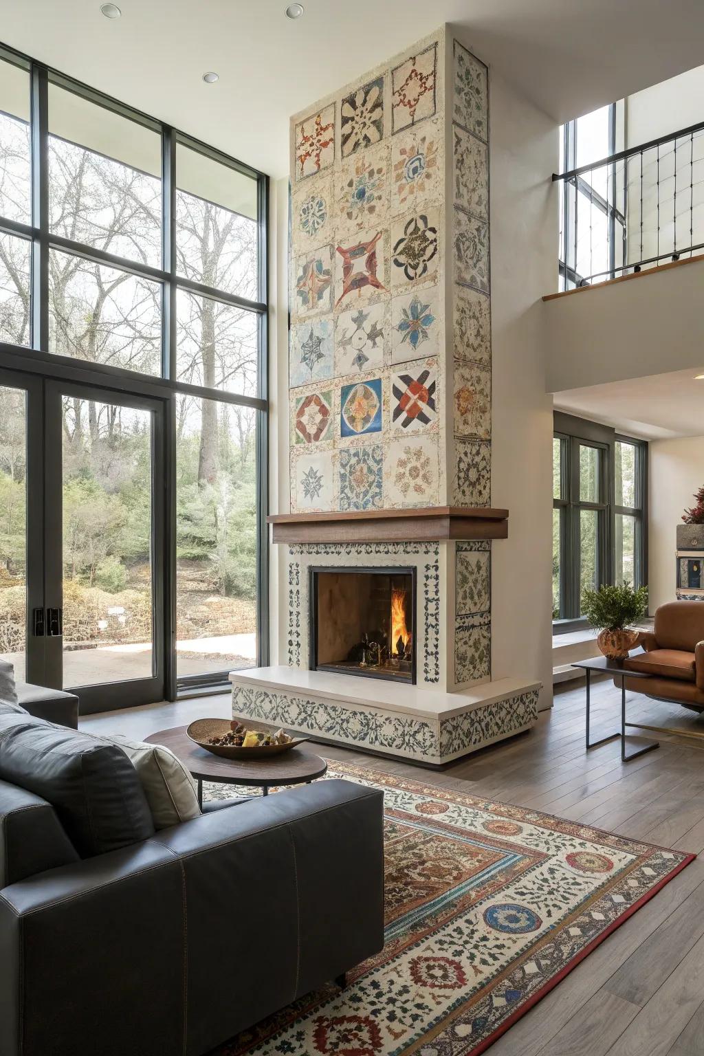 Artistic tiles turn this fireplace into a stunning centerpiece.