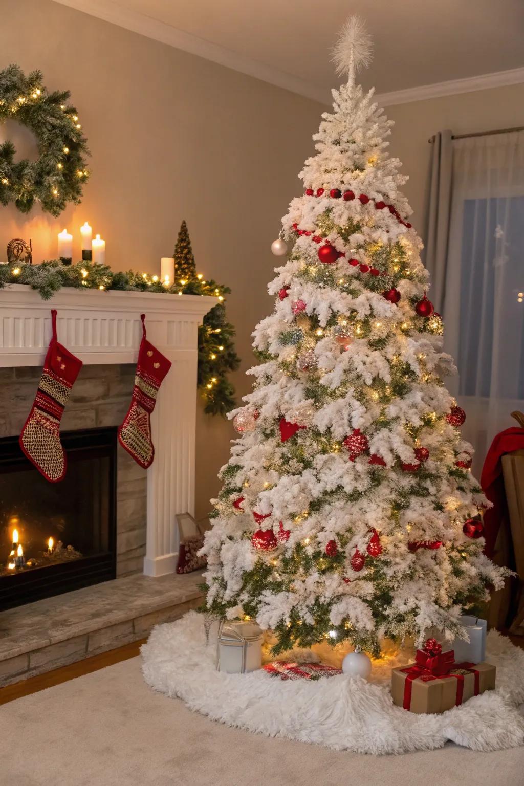 A wintry home scene with a Christmas tree draped in white tinsel and faux snow.