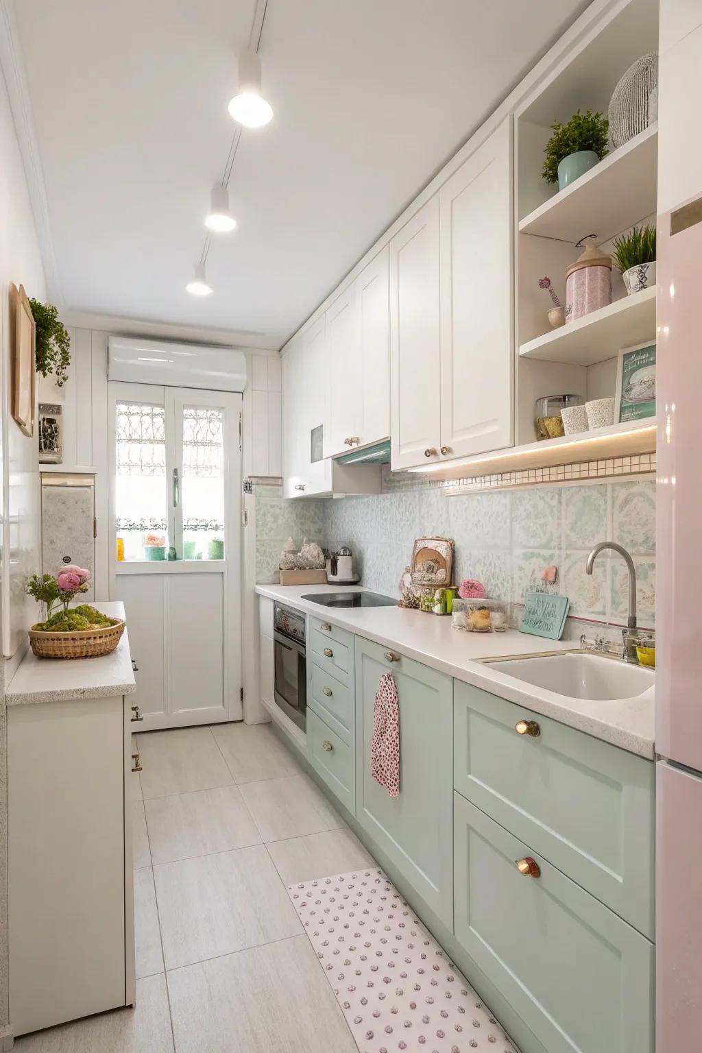 Light colors give a tiny kitchen an airy and expansive feel.