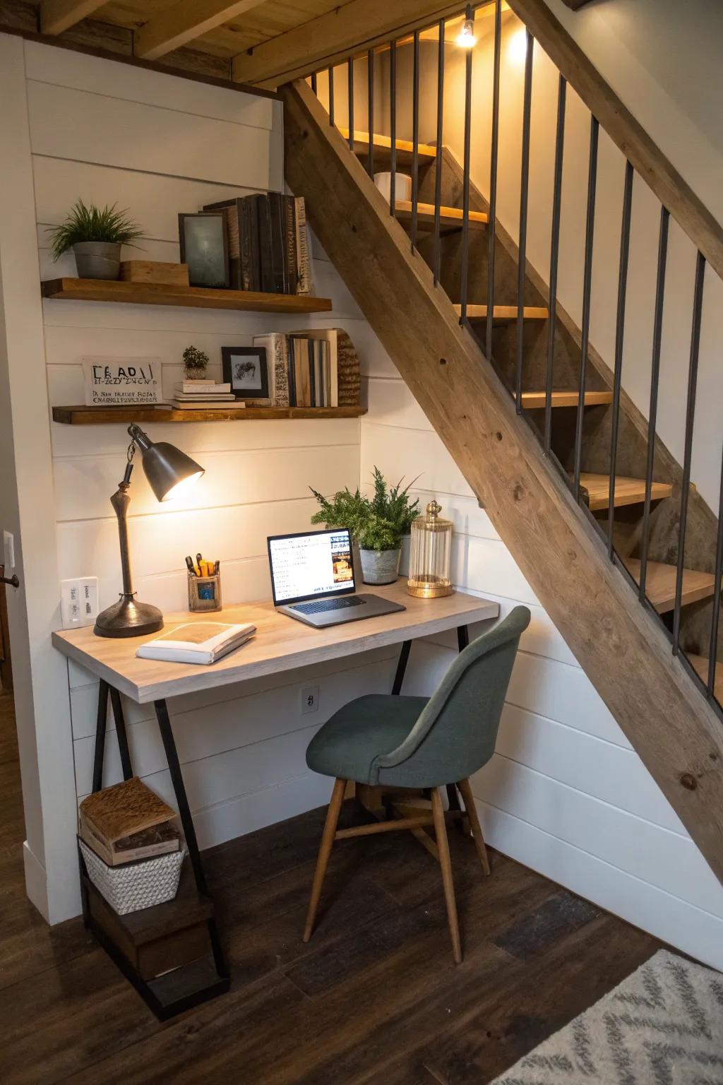 Utilizing the space under stairs can create a unique and private office nook.