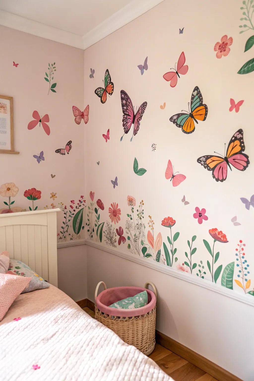 Nature-themed art adds a whimsical touch to a child's room.