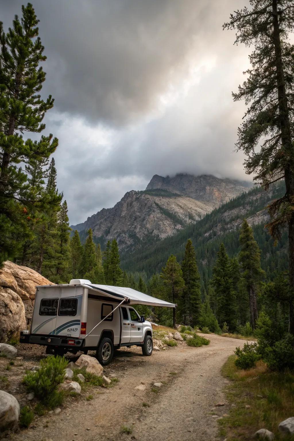 An adventurous setup with an awning in an off-road environment.