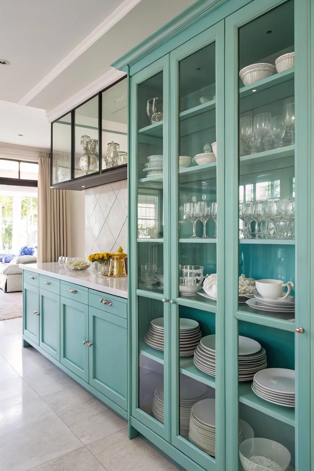 Glass-front cabinets showcasing dishware in a turquoise kitchen.