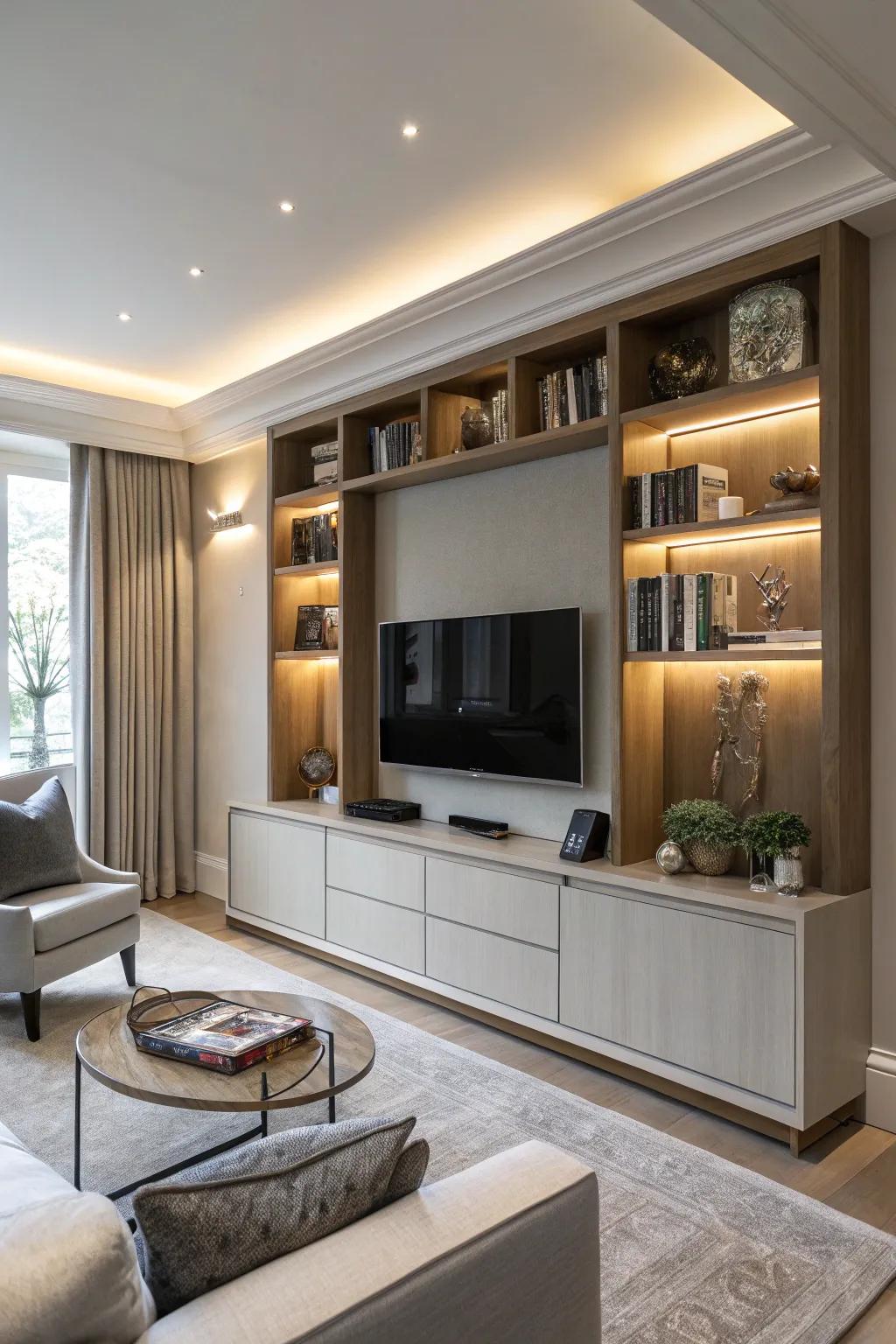 Bespoke custom joinery integrates TV and storage effortlessly.