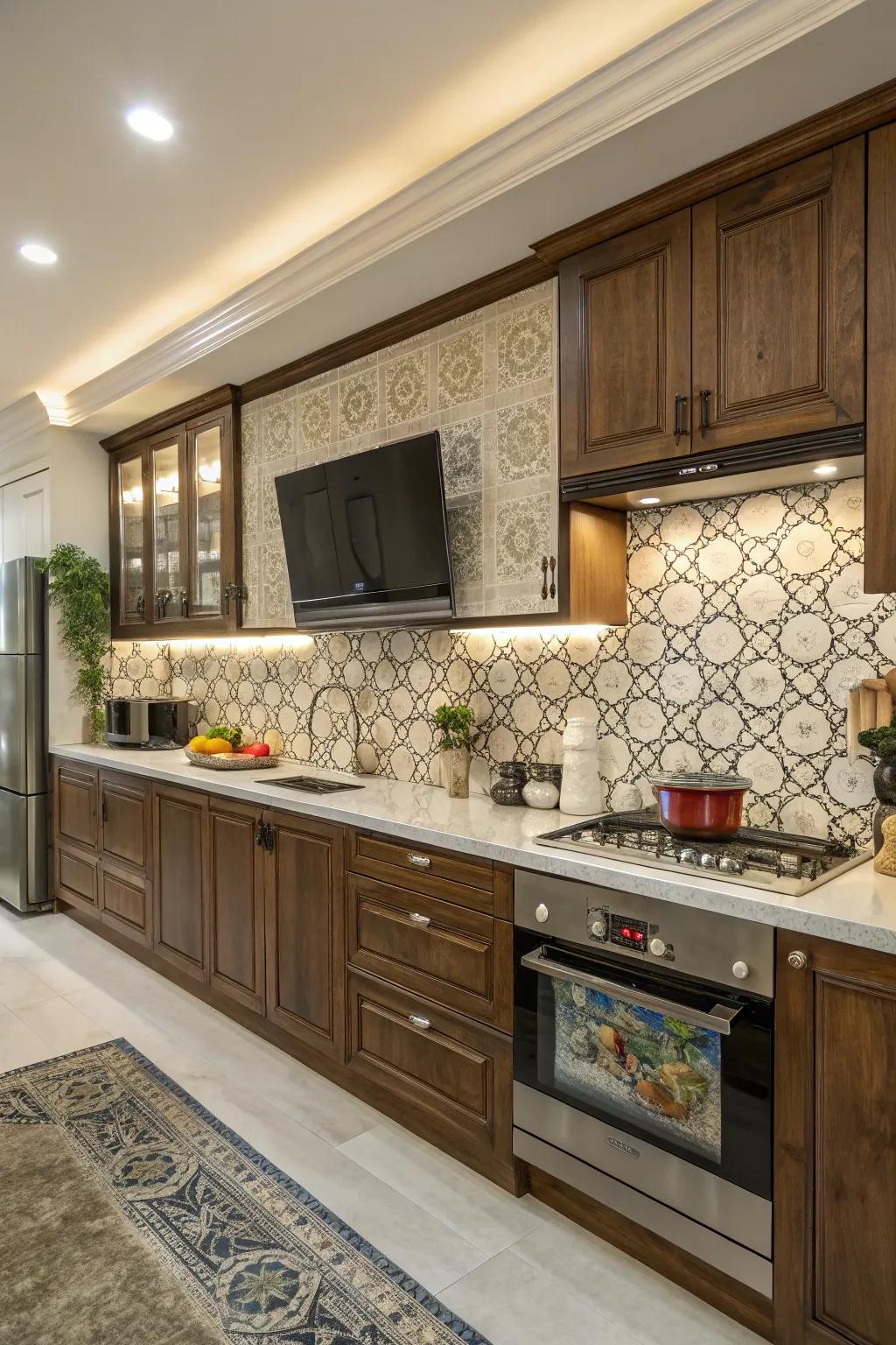 A kitchen where a TV complements both contemporary and traditional styles.