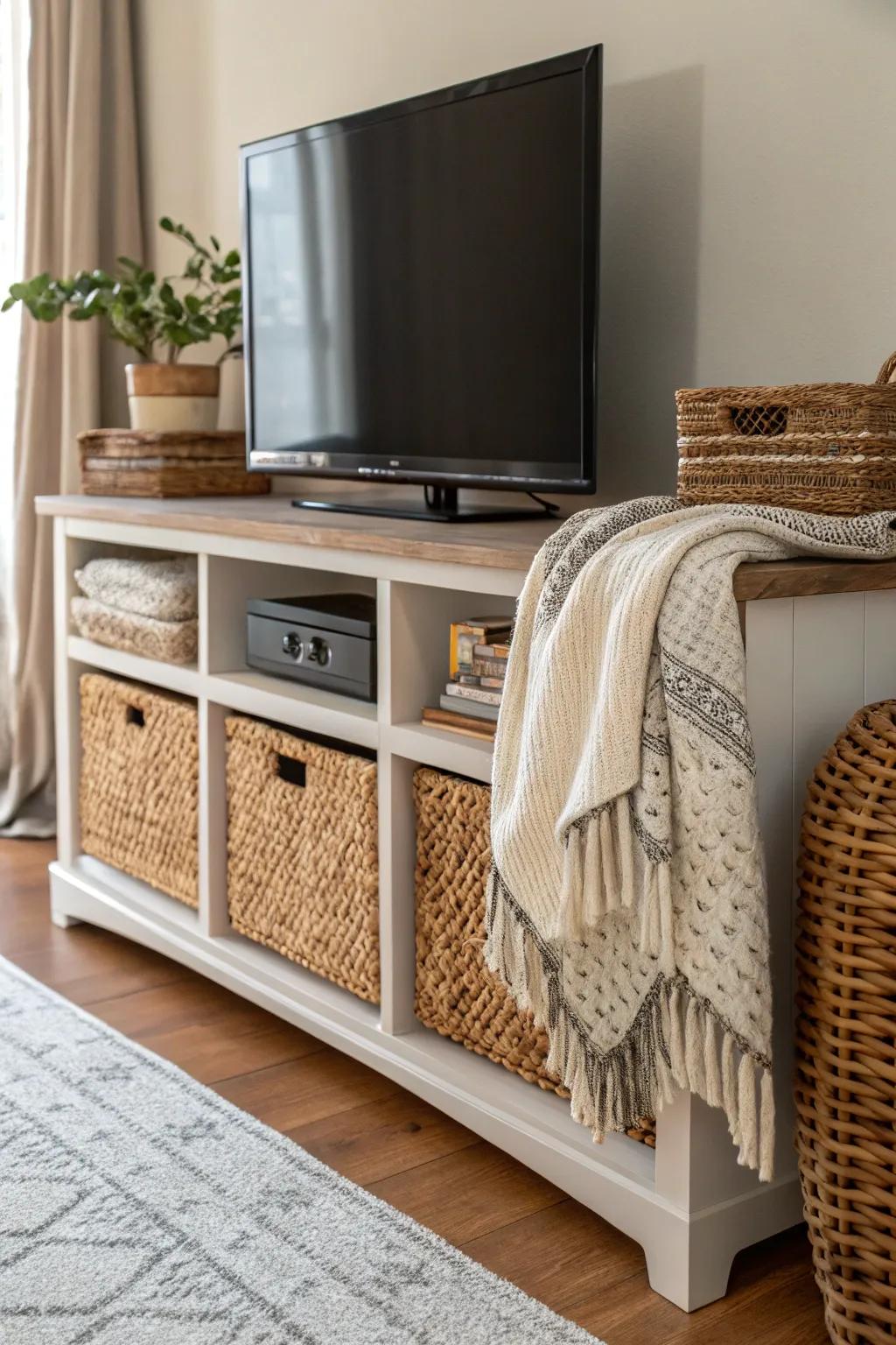 Mixing textures adds depth and warmth to TV stand decor.