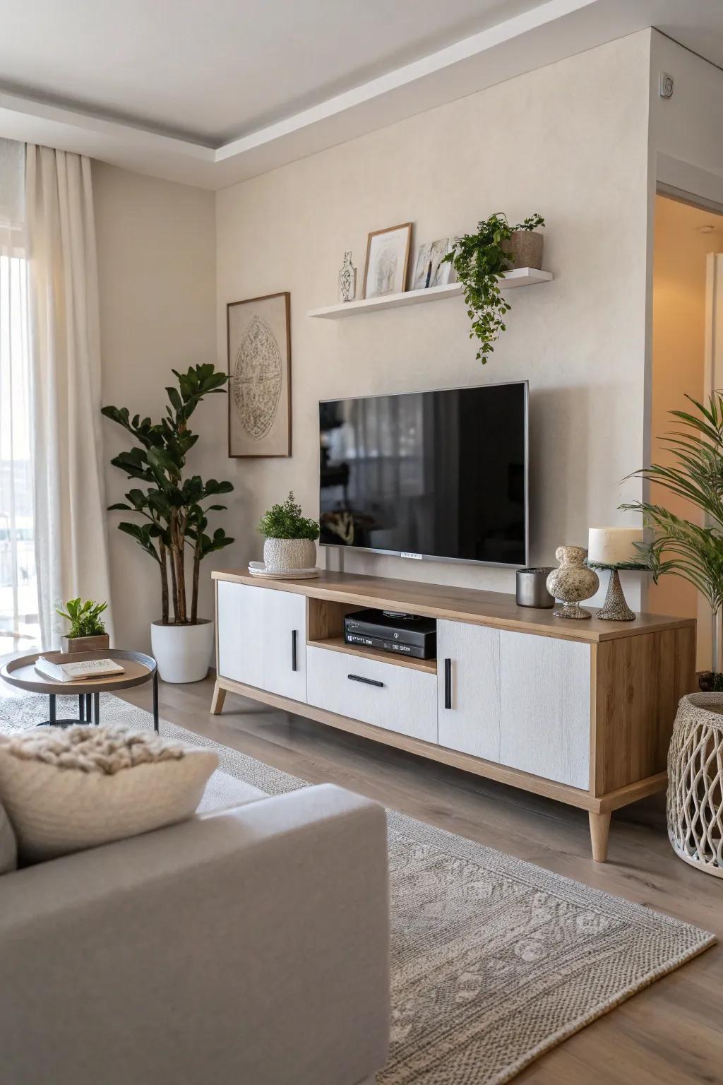 Neutral colors provide a serene and timeless backdrop for the TV area.