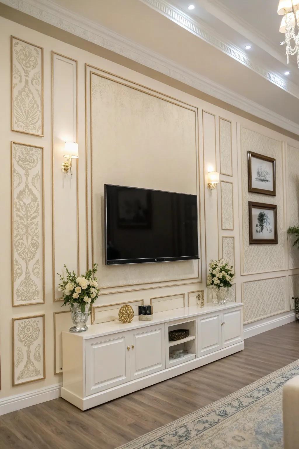 Neutral tones create a calm and sophisticated TV wall.