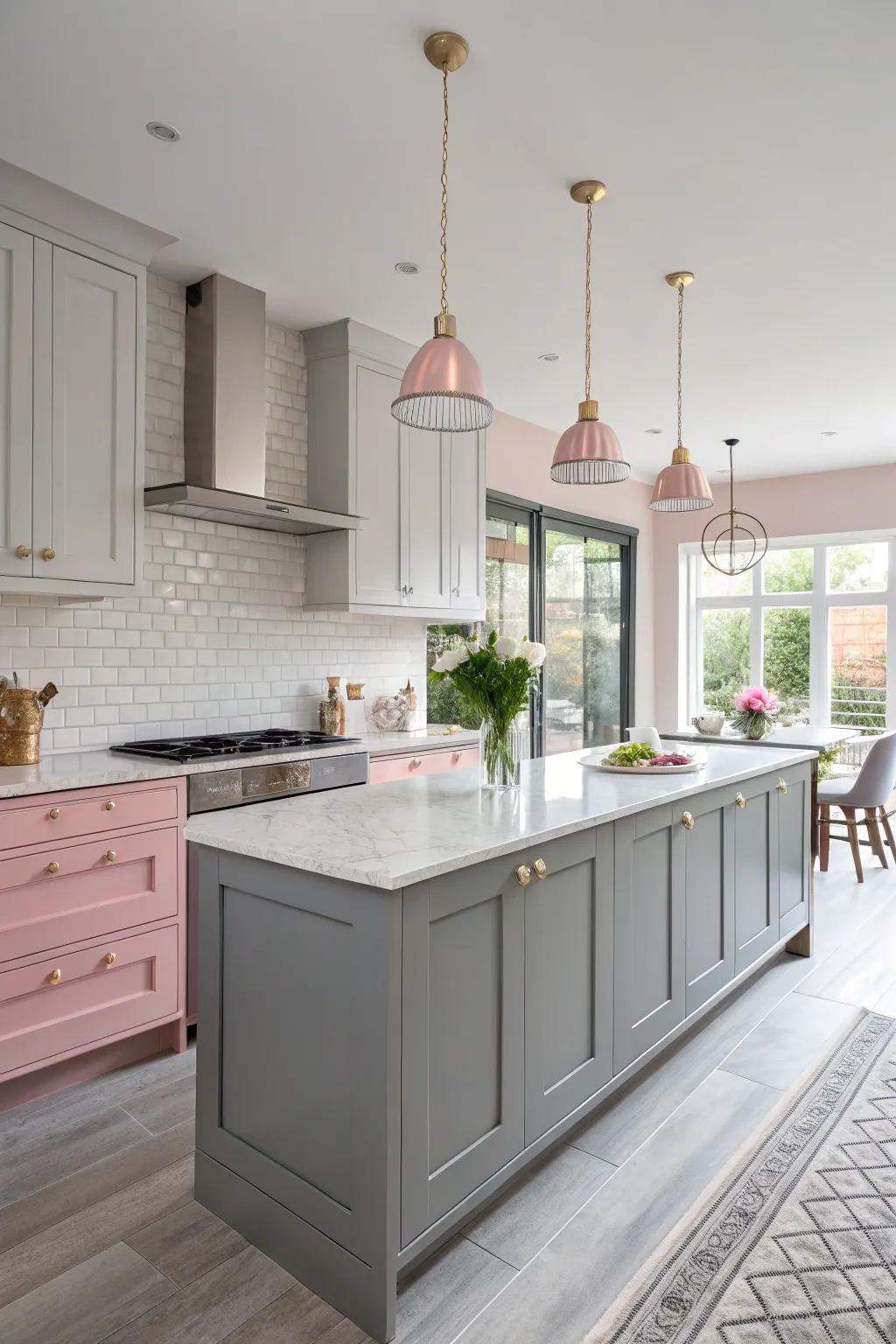 A chic gray and pink kitchen that's both cozy and modern.