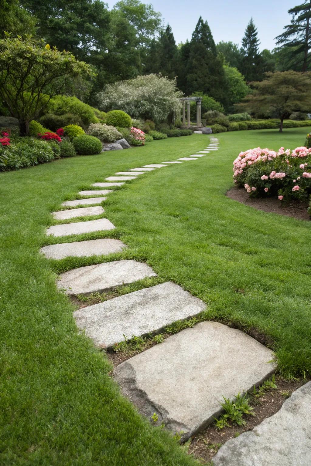 Stepping stones on grass create a harmonious path that invites exploration.