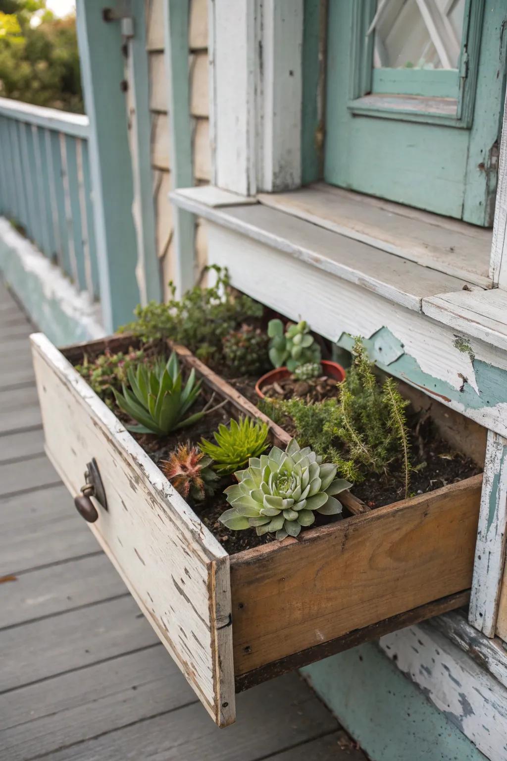 An old drawer finds new life as a charming succulent planter.