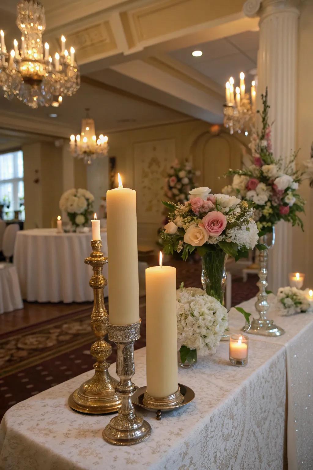 Tall pillar candles symbolize unity and togetherness on this elegant table.
