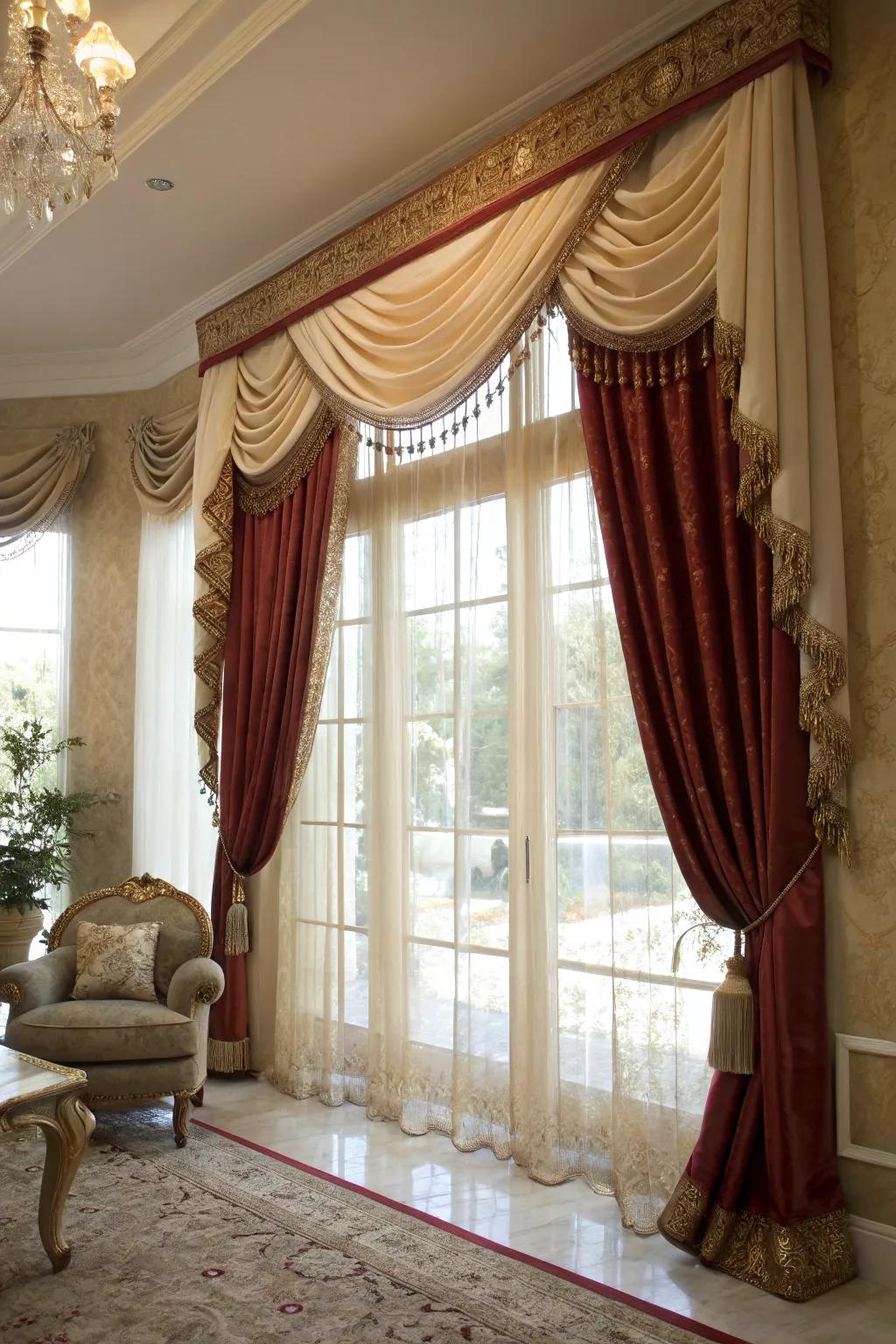 A window with a layered velvet and silk valance in an elegant living room.