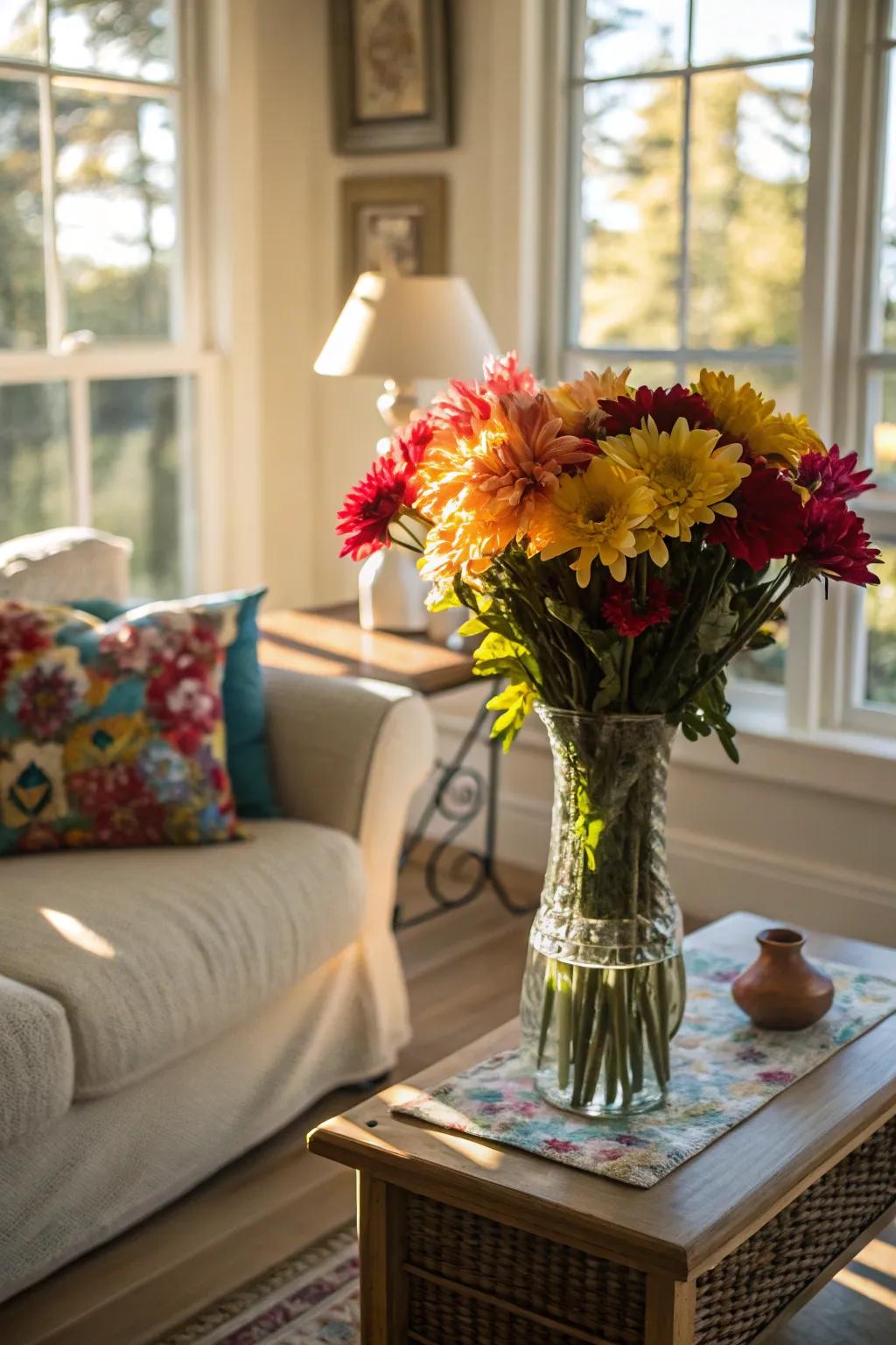 Colorful faux flowers bring vibrancy to any room.