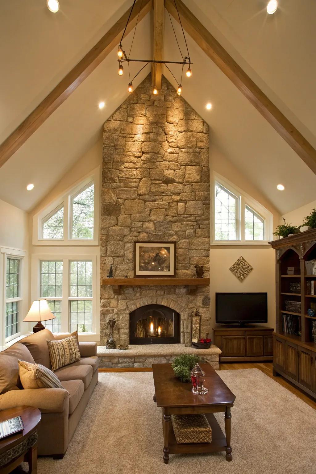 Living room with vaulted ceiling and stone fireplace as part of the accent wall