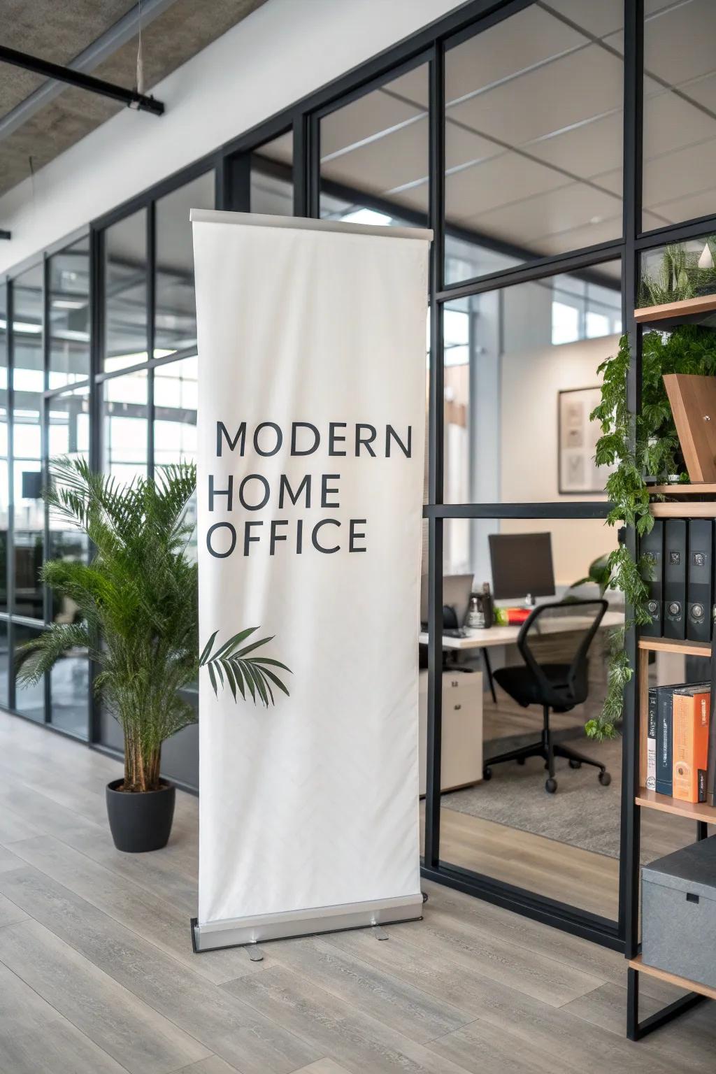 Bold typography on a vertical banner makes a statement in a home office.