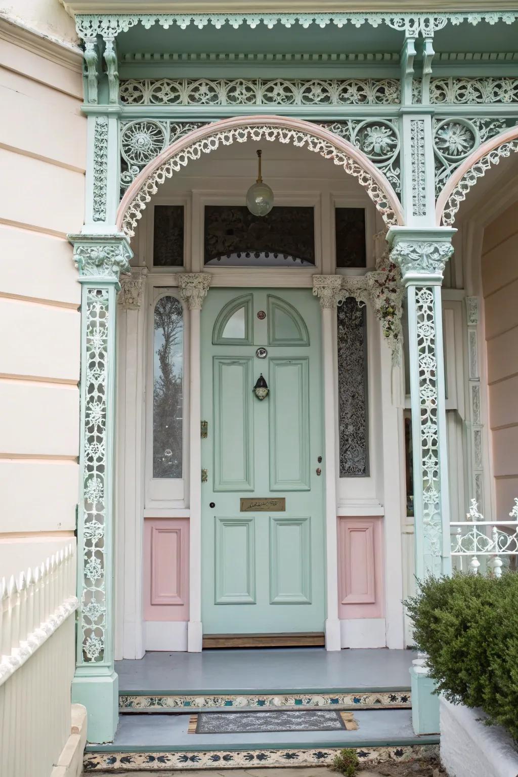 Muted pastels complement the intricate details of this Victorian door.