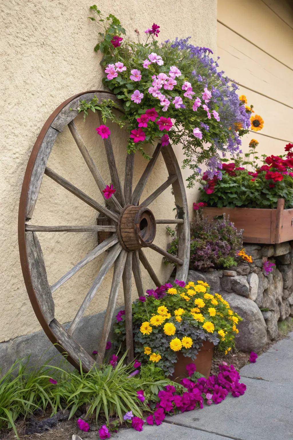 A floral-adorned wagon wheel bursts with color and charm.