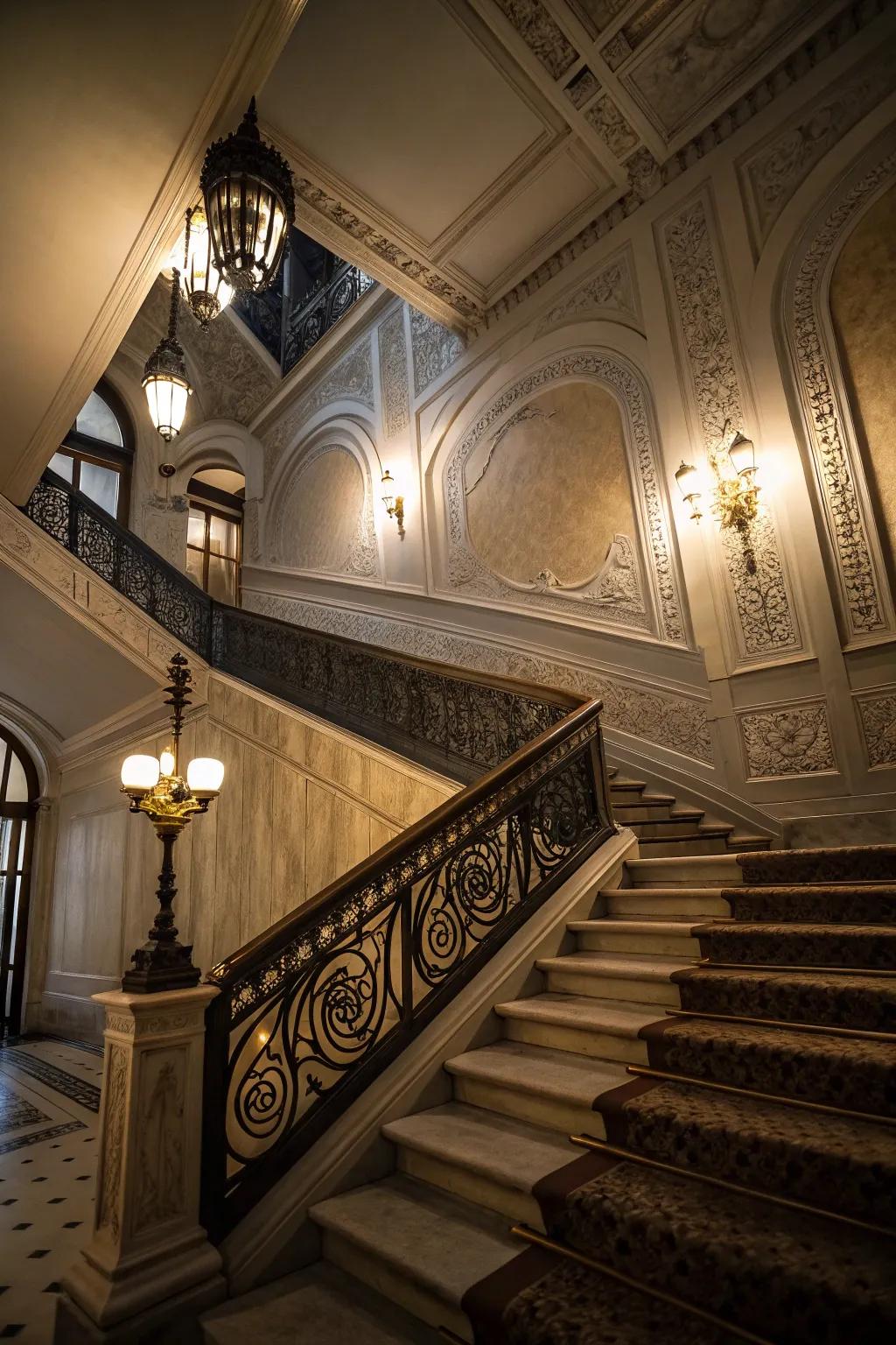 A dramatic staircase enhanced by wainscoting.