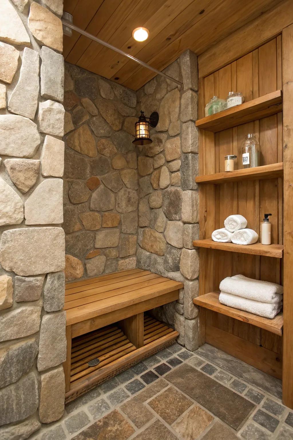 Stone shower with wooden bench and shelves.