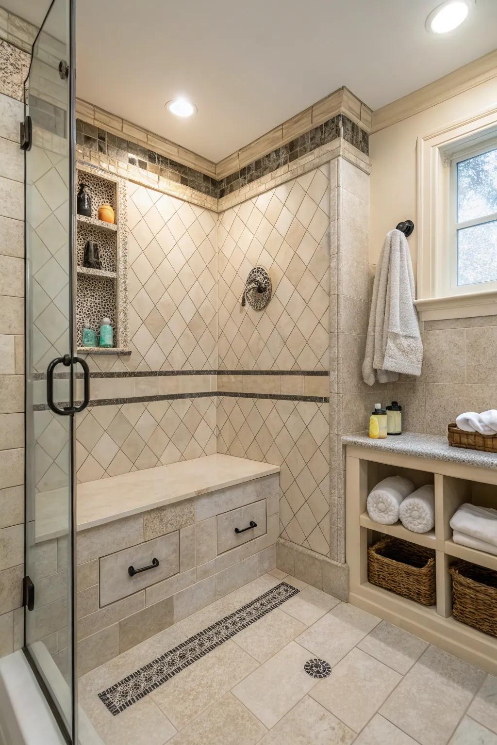 A built-in storage bench keeps the shower organized while maintaining a sleek look.