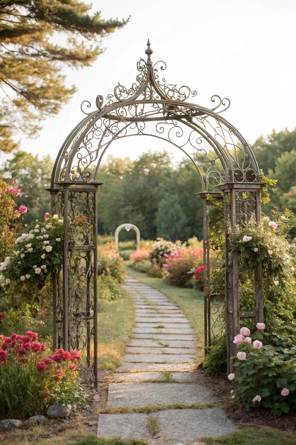 Vintage iron arches bring a sense of whimsy and history to your garden.