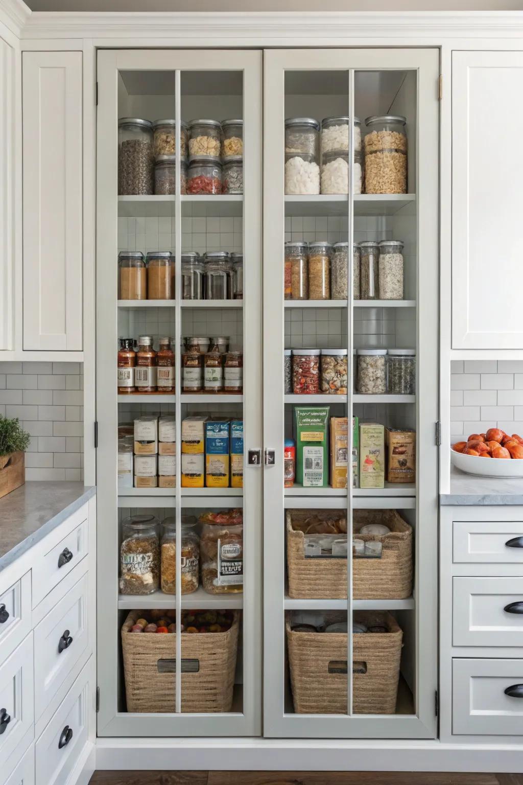 Glass doors adding a decorative touch to the pantry.