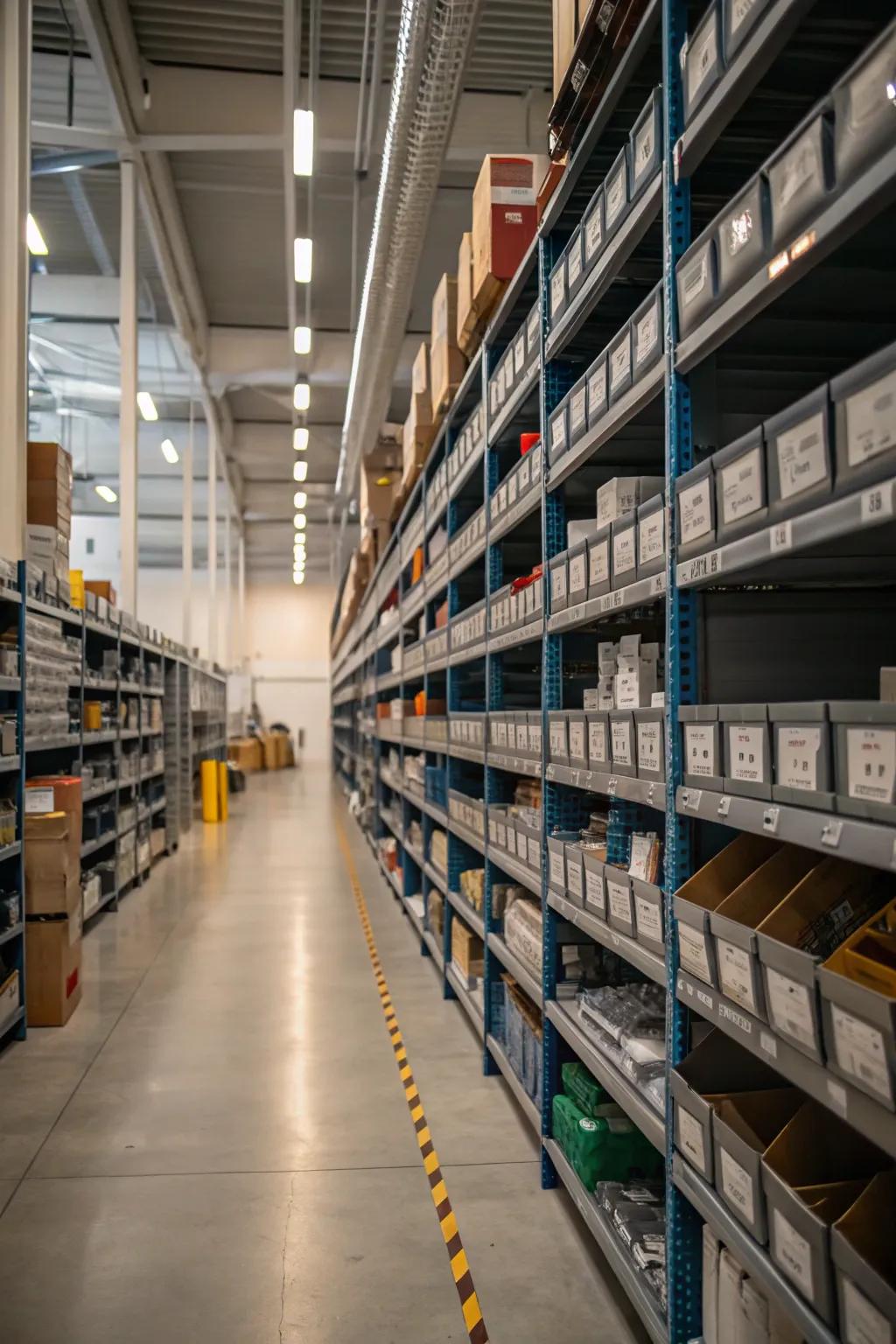 Well-organized shelving systems streamline inventory management.