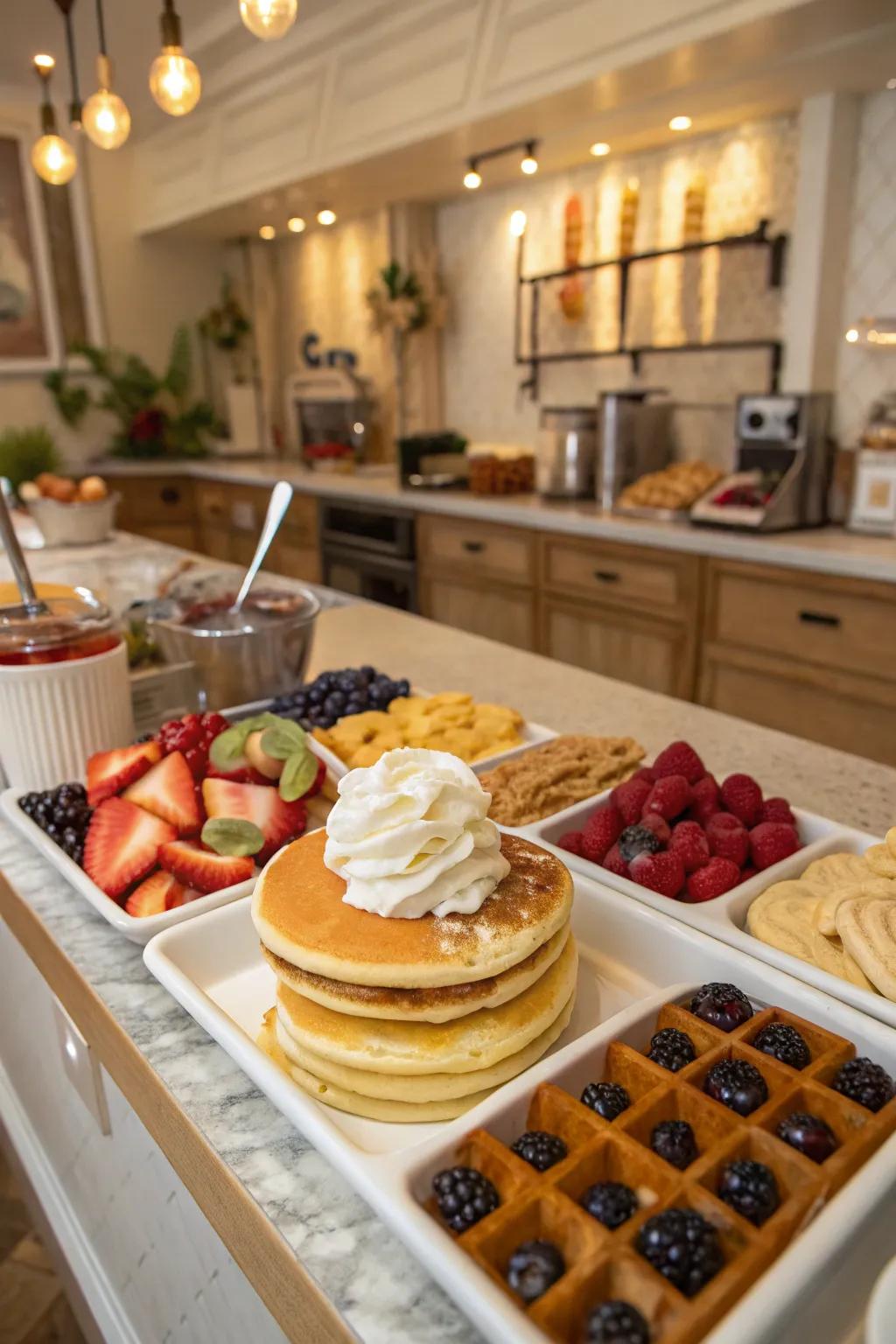 An inviting pancake and waffle bar set up for a delightful wedding breakfast.