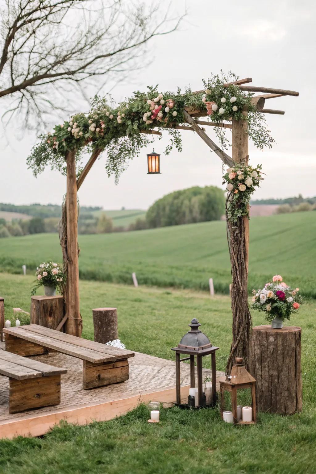 An outdoor wedding setup featuring rustic decor and natural elements, creating a charming ambiance.